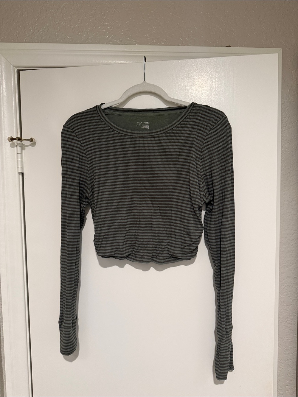 Striped Long-Sleeve Crop Top - Olive/Black